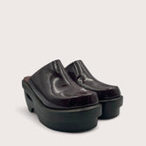 535A Bond Carter Leather and Wood Clog Shoes in Deep Cocoa Three Quarter View