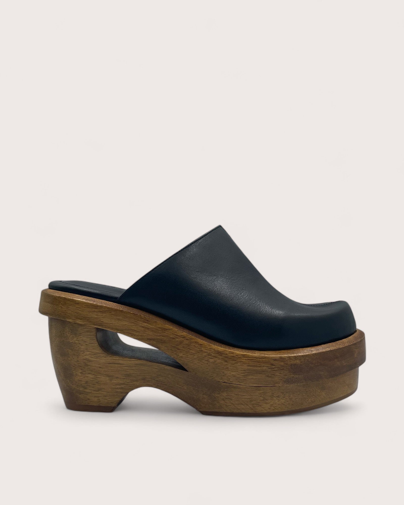 535A Bond Carter Leather and Wood Clog Shoes in Black Side View