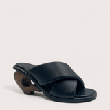 535A Bond Marlowe Leather and Wood Sandals Shoes in Black Three Quarter View